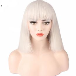 White Short Straight Fashion Lady Sexy Natural Fluffy Role Playing Wig Synthetic Bob Short Hair Ideal for Daily Work Party Cosplay