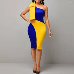 Casual Dresses MISSJOY Sexy One Shoulder Bow Tie Navy Yellow Patchwork Split Dress Women African Dinner Celebrate Event Night Vestidos