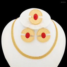 Necklace Earrings Set African Gold Plated Jewellery For Women Irregular Design And Ring Choker 3Pcs Party Anniversary