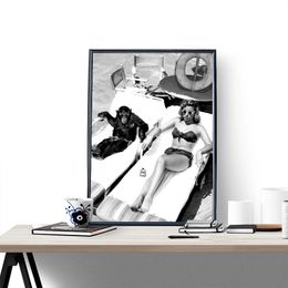 Sea Beach Sexy Woman Surfing Black and White Posters and Prints Canvas Painting Wall Art Picture for Living Room Home Decor