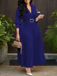 Party Maxi Dress Women Clothes Casual Pleated Solid VNeck Ruched Club Evening Long with Belt Set Spring Summer 240412