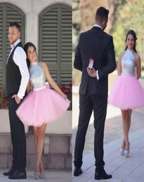 Lovely Pink Short Homecoming Dresses High Neck Halter Sequins Silver Puffy Skirt Cocktail Party Dresses Sparkly Arabic Indian Prom4816759