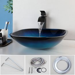 Torayvino Blue Square Tempered Glass Bathroom Vessel Sink Basin Washing Bowl Set Cabinet Countertop Mixer Faucet W/ Pop-up Drain