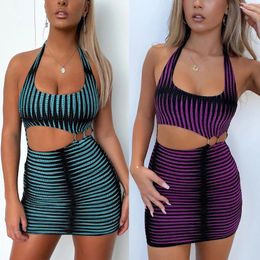 Casual Dresses SKMY Elegant For Women 2024 Sexy Slim Fit Dress Striped Print Fashion Halter Neck Hollow Out Night Club Outfit