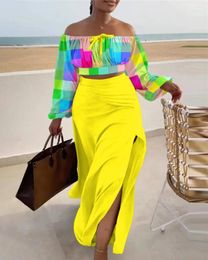 Work Dresses Elegant Beach Style 2 Piece Set For Women Off Shoulder Top Split Skirt Fashion Print Autumn 2024