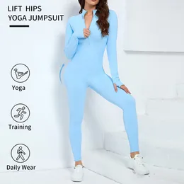 Active Pants Women Slim Leg Jumpsuits One-Piece Suit Zipper Long Sleeve Yoga Set Gym Push Up Workout Clothes Fitness Bodysuits Sportswear