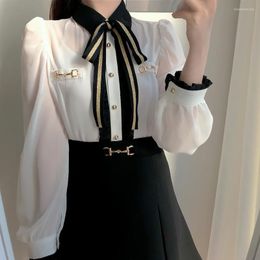 Women's Blouses Spring 2024 Colour Matching OL Blouse Bow Tie Long Sleeve Chiffon Shirt Single-breasted Women Tops