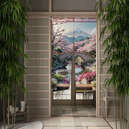 Japanese Noren Split Door Curtain Sakura Mount Fuji Bridge Tower Landscape Doorway Curtains for Kitchen Entrance Half-curtain