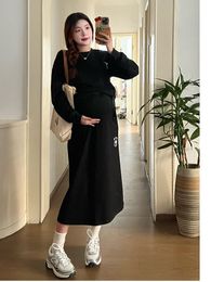 Autumn Winter Pregnant Women Clothes Se Round Collar Knitted Pullover Loose Sweater Coats Maternity High Waist Skirt Two Pieces