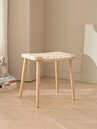 Nordic Rope Woven Square Stool Dining Stool Solid Wood Stool Shoe Changing Stool Home Furniture Woven Wood Color Dressing Stool
