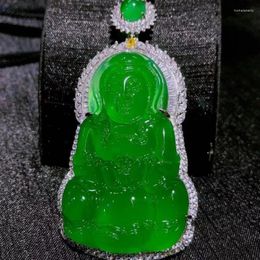 Pendant Necklaces Factory Wholesale 925 Silver-Plated Inlaid High Emperor Green Chalcedony Large Avalokitesvara Agate Jade Necklace Or