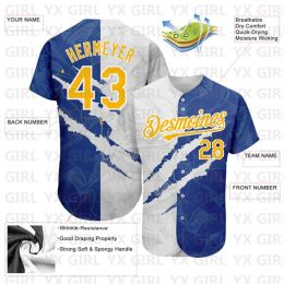 Custom Graffiti Pattern Yellow-Royal 3D Scratch Baseball Jersey 3D Printed Men Women Shirt Casual Shirts Sport Unisex Tops