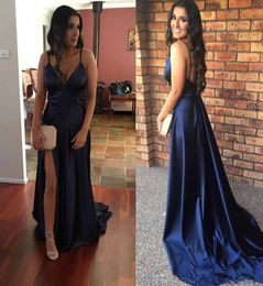 Plus Size Navy Blue Prom Dresses Long Spaghetti Straps Side Split 2018 Sexy Backless Satin Women Party Evening Wear Formal Gown2868014