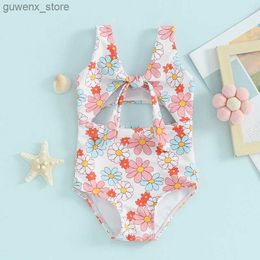 한 피스 6m-3t 여자 아기 수영복 여름 꽃 인쇄 매듭 컷 아웃 슬리빙 소매 득점 유아 목욕복 비치웨어 Y240412