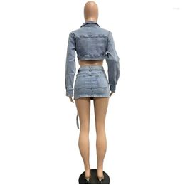 Work Dresses Streetwear Jean Denim Dress Sets Womens 2 Piece Outfit Birthday Pockets Cropped Jacket Top Mini Skirt Party Club Matching Dhwuz