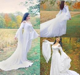 Fantasy Fairy Medieval Wedding Dresses Lace Up Custom Made Off the Shoulder Long Sleeves Court Train Full Lace Bridal Gowns High Q4410464