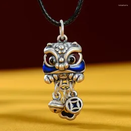 Chains Blue Cute Small Pendant 925 Silver Lion Dancing Tassel Necklace Chinese Style Copper Coin Design Banquet Couple Jewellery Gift