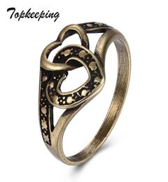 Wedding Rings Topkeeping Brand Women Fashion Jewellery Retro Style Bronze Colour Finger Ring Vintage Carving Hollow Out Double Heart 9983553