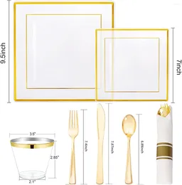 Disposable Dinnerware 175 PCS Clear Gold Plastic Plates Sets Includes Dinner Salad Pre Rolled