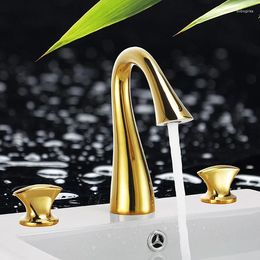 Bathroom Sink Faucets Free Ship Contemporary Waterfall Brass Ti-PVD Faucet Mixer Tap Widespread 3 Hoes