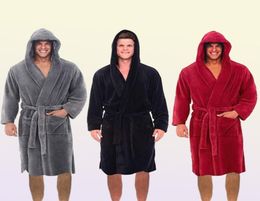 Mens Robes Men Casual Bathrobe Autumn Winter Solid Hooded Towel Soft Gown Midi Robe Nightgown Male Loose Home Wear 2208268449537