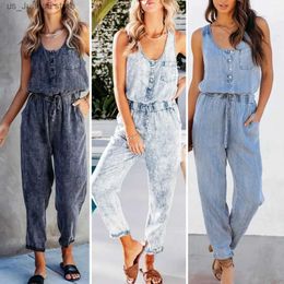 Basic Casual Dresses Overall Women Clothes Women Summer Jumpsuit V Neck Slveless Solid Colour Elastic Waist Loose Dress-up Denim Tight Waist Lady T240412