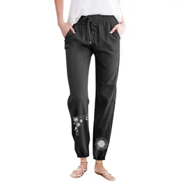 Women's Pants Elastic High Waist E Solid Cotton And Linen Drawstring Loose Casual Leggings Plus Size Jean Jumpsuit