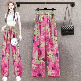 Women's Pants Pink Rose Print Wide-legged Summer Fashion Ice Silk Thin Section Of The Large Yards With Straight Casual