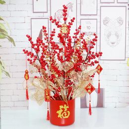 Decorative Flowers Ornaments: Fortune Fruit Winter Green Red Lucky Joyful Decoration With Pot Imitation Flower