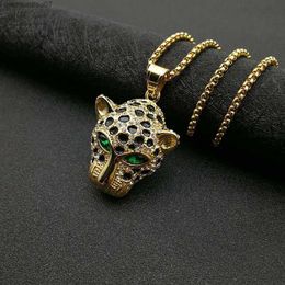 Pendant Necklaces Iced Out Bling Leopard Head Pendants Necklace with Gold Colour Stainless Steel Chain Cubic Zircon Men Hip Hop Jewellery GiftL2404