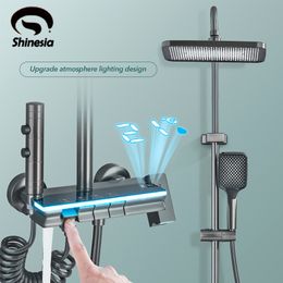 Shinesia Digital Bathroom Shower System Set Rainfall Tropical Piano Shower Set Gray/White Thermostatic Mixer