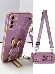 Motog60 Crossbody Lanyard Plating Rabbit Case For Motorola Moto G60 G50 G20 G30 G22 G13 G23 G73 G53 G9 Silicone Cord Cover