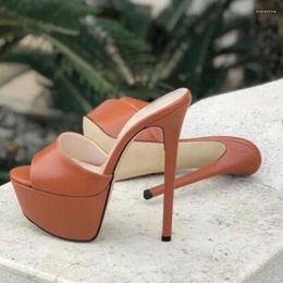 Dress Shoes Fashion Peep Toe Slip On Women Mules Brown Matte Leather Stiletto Heels Platform Summer Sandals Patchwork