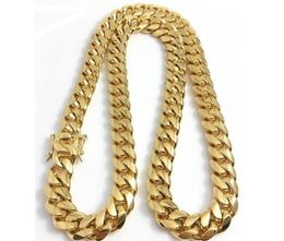 fine 18K Gold Plated chain Jewellery Stainless Steel High Polished Miami Cuban Link Necklace Men Punk 15mm Curb Double Safety Clasp 1537381