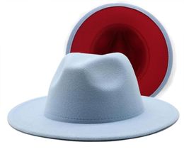 Berets Simple Outer Light Blue With Red Wool Felt Jazz Fedora Hat Women Wide Brim Panama Party Trilby Cowboy Cap Men Gentleman8092399