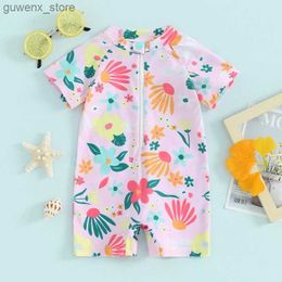 One-Pieces 3M-3TToddler Girls Rash Guard Swimsuit Rompers Zipper Short Sleeve Floral Print Kids Bathing Suit Baby Swimwear Y240412