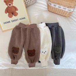 Trousers Autumn Winter New Girl Baby Cartoon Bear Fleece Thicken Pencil Pants Boy Children Solid Plus Velvet Warm Sweatpants Kid Trousers