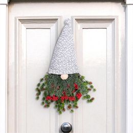 Decorative Flowers Festive Wreath Gnome Wearing Hat Faceless Doll Christmas Decorations With Red Berries Decor For Window Restaurant Home