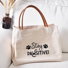 Shopping Bags Design Free Stay PAWsitive Print Letters Printed Canvas Tote Bag Gift For Pet Style Work Women Lady Fashion Beach