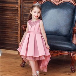 Girl Dresses Train Embroidery Beaded Girls Dress Sleeveless Baby Kids For Princess Wedding Party Birthday Elegant Solid