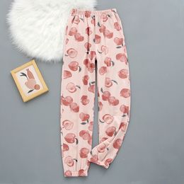 Loose Elastic Waist Sleepwear Women Print Fruit Cuffed Pyjamas Long Trousers Female Sleep Bottoms High Waist Pants Home Clothes