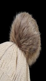 Brand Winter Warm Thicker Soft Stretch Cable Beanies Hats Women Faux Fur Pom Pom Knitted Skullies Caps1930607