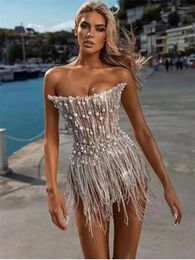 Casual Dresses Luxury Sparkling Diamonds Sliver Sequins Tassel Strapless Mini Dress Celebrity Birthday Party Evening Performance Costume