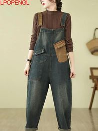 Women's Jeans Woman Autumn Loose Casual Vintage Color-block Pockets Sleeveless Fashion Denim Overalls Streetwear Elastic Waist One-piece