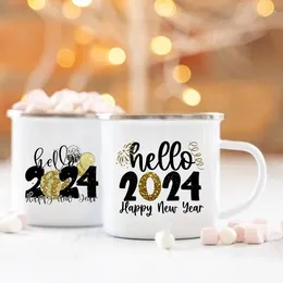 Mugs Hello 2024 Printed Enamel Coffee Cups Happy Year Party Wine Juice Mug Cocoa Cup Gifts For Family Friends