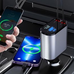 100W 4 IN 1 Retractable Car Charger USB Type C Fast Charger Digital Display Cigarette Lighter Adapter for IPhone/Samsung