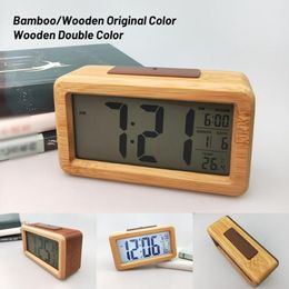 Wooden Digital Alarm Clock Sensor Night Light With Snooze Date Temperature Clock LED Watch Table Wall Clocks262O