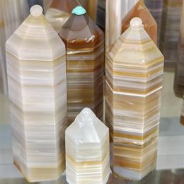 Decorative Figurines 1pc Natural Crystals Stripe Agate Point Quartz Wand Healing Druzy Mineral Gemstone Tower Column Home Decoration Gifts