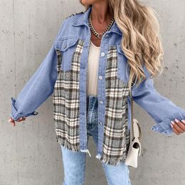 Women's Jackets Fashion Loose Plaid Splicing Jacket Denim Coat For Woman Fall Korean Style Single Breasted Slim Outwear 2024 Clothes