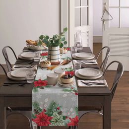 Christmas Poinsettia Fir Tree Linen Table Runner Dresser Scarves Table Decor Washable Dining Table Runners Christmas Decorations